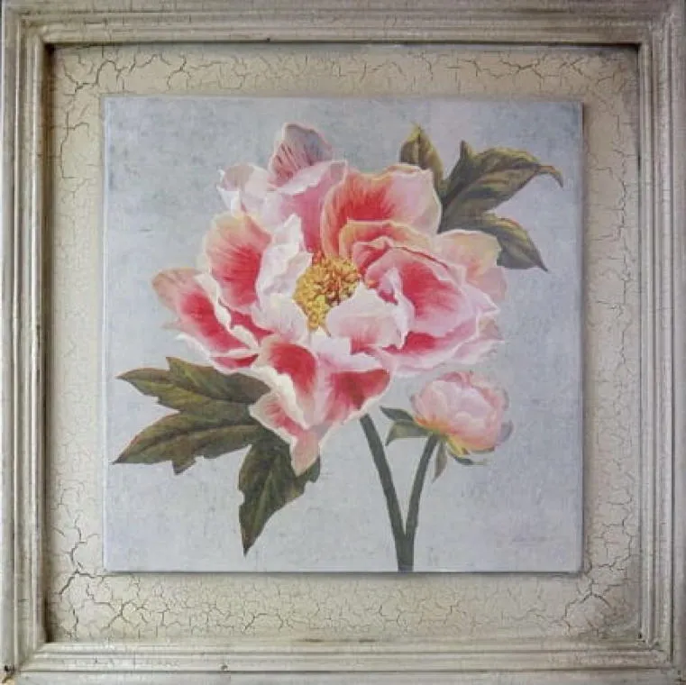 Postarzany Obraz Piwonii W Odcieniach Biało-Różowych 38x38 cm