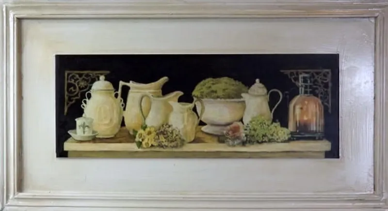 Postarzany Obraz Z Dzbankami I Kwiatami 30 x 56 cm - Część Serii (1 Z 2)