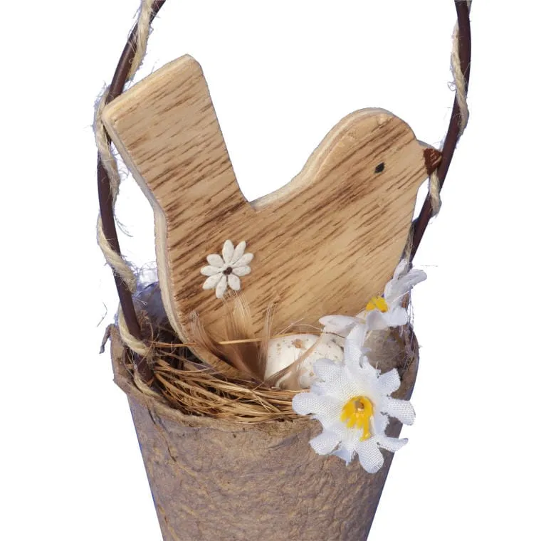 Wielkanocny Drewniany Ptak W Koszyczku Z Jajkami - Stroik Dekoracyjny, Kolor Brązowy, 16 cm