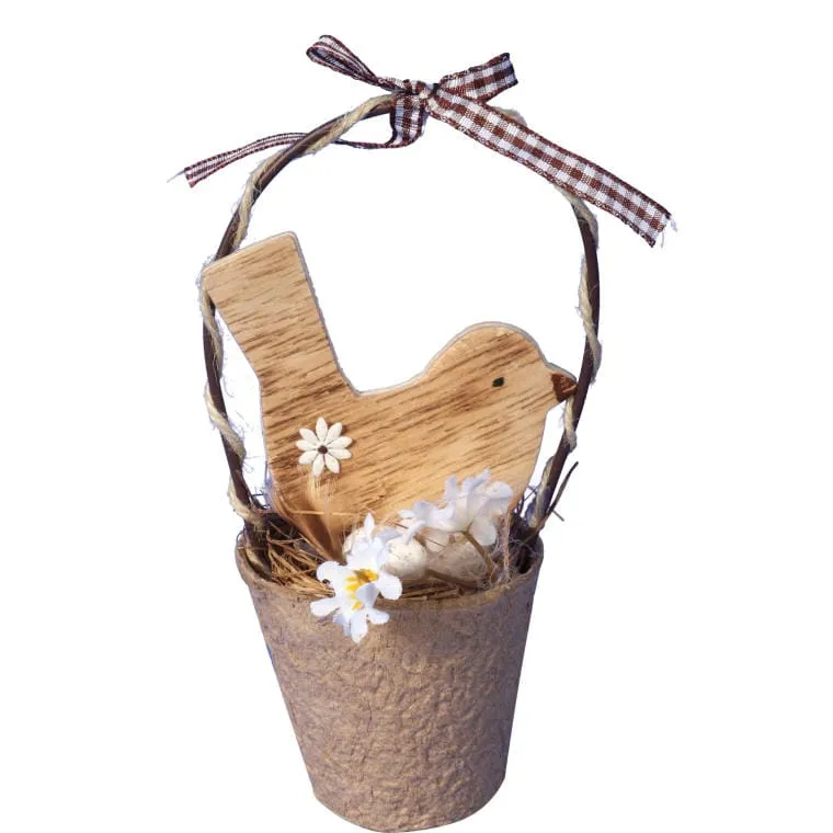 Wielkanocny Drewniany Ptak W Koszyczku Z Jajkami - Stroik Dekoracyjny, Kolor Brązowy, 16 cm