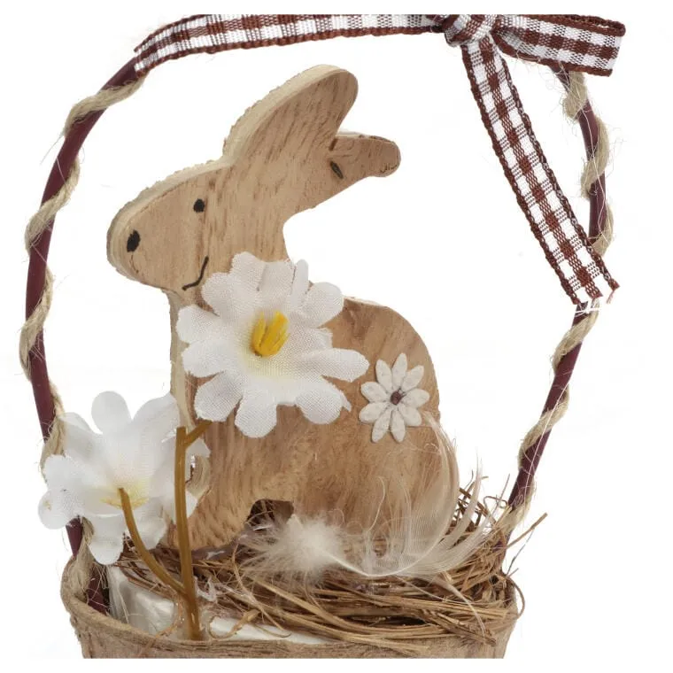 Drewniany Zajączek Wielkanocny W Koszyczku 16cm - Stroik Wiosenny Z Jajkami I Siankiem