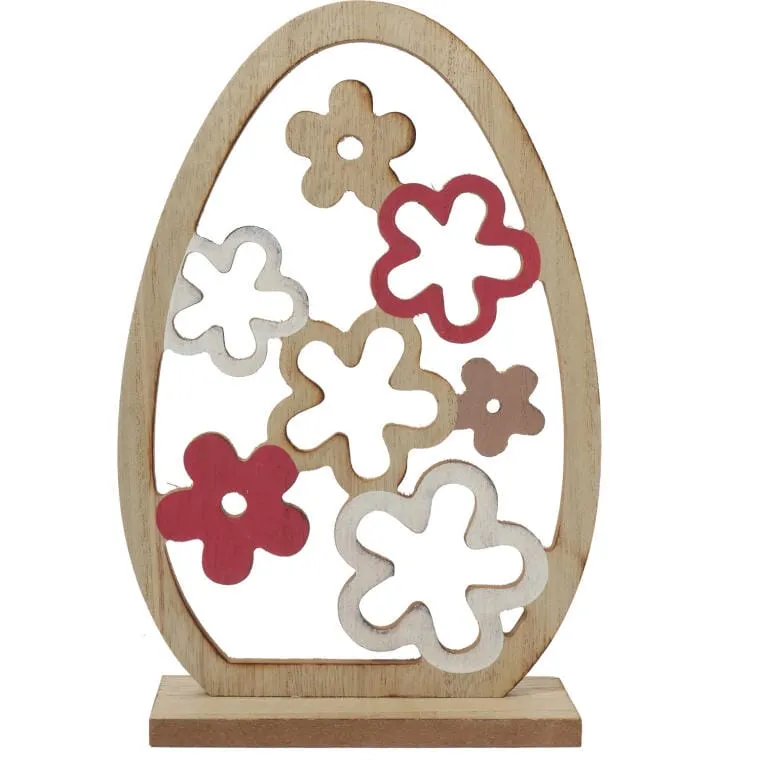 Drewniana Figurka Wielkanocna - Wysokie Jajko Dekoracyjne 24cm Na Podstawce Z Ażurowym Dekorem