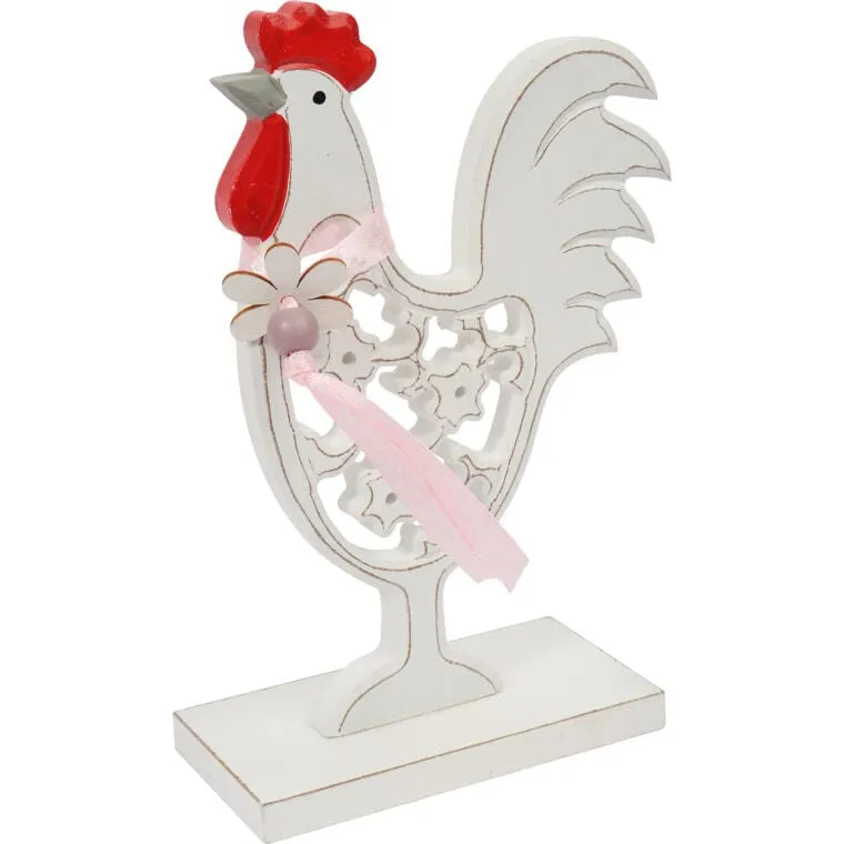 Duży Kogut Wielkanocny Na Podstawce, Drewniana Dekoracja Stołu, 17 cm, Kolor - Biały