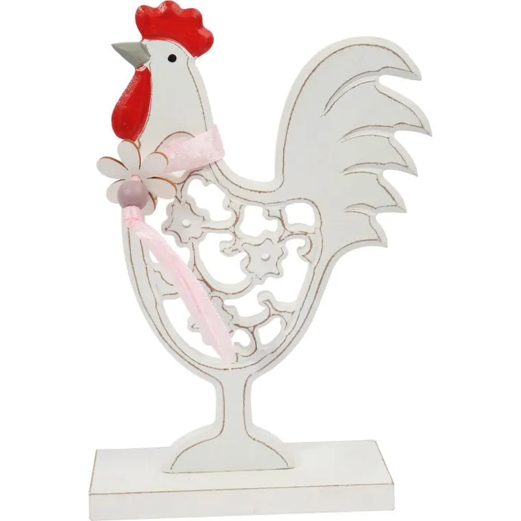 Duży Kogut Wielkanocny Na Podstawce, Drewniana Dekoracja Stołu, 17 cm, Kolor - Biały