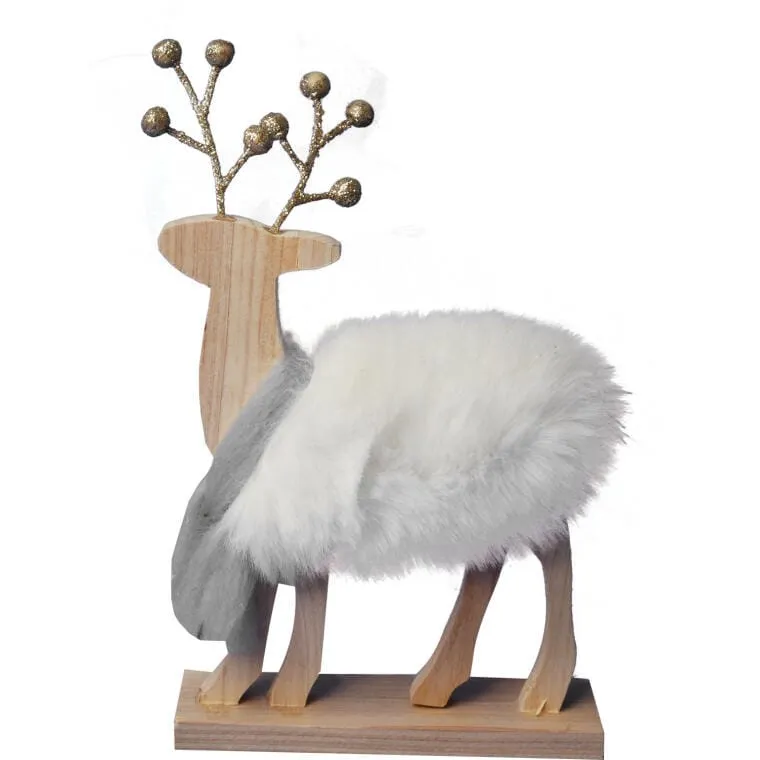 Figurka Świątecznego Renifera Z Białym Futerkiem I Złotymi Rogami 20 cm
