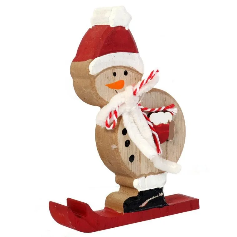 Bałwan Narciarz Figurka Drewniana Z Szalikiem 13cm - Ozdoba Świąteczna