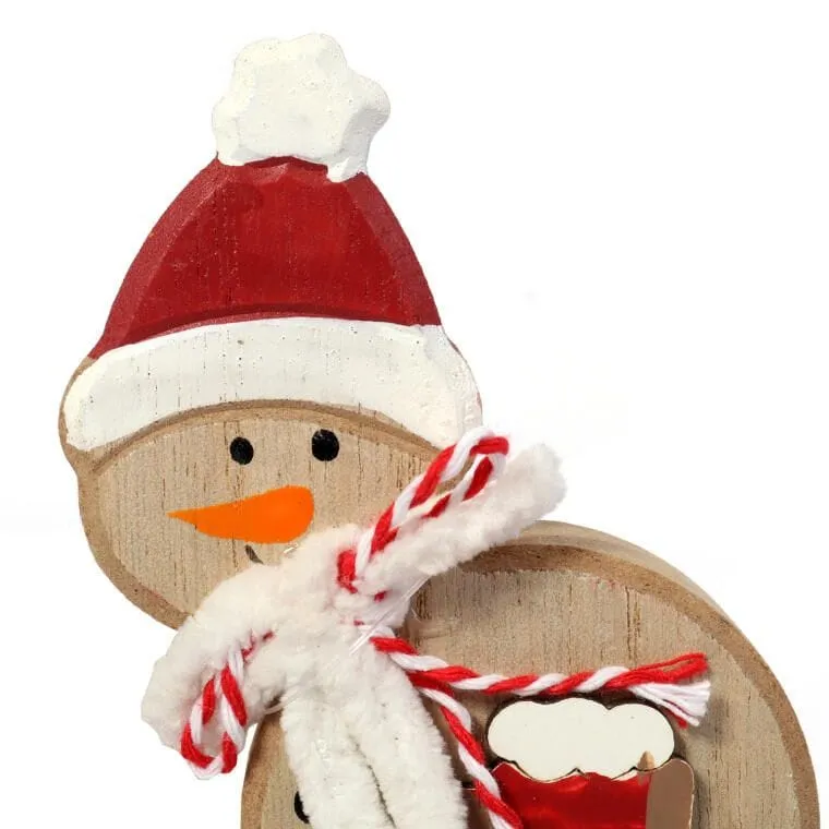Bałwan Narciarz Figurka Drewniana Z Szalikiem 13cm - Ozdoba Świąteczna
