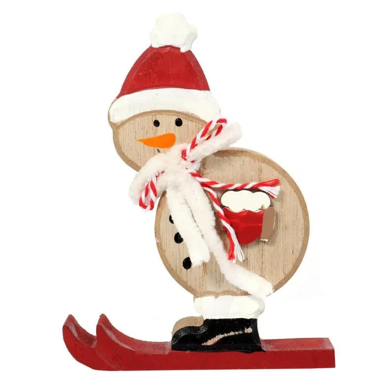 Bałwan Narciarz Figurka Drewniana Z Szalikiem 13cm - Ozdoba Świąteczna