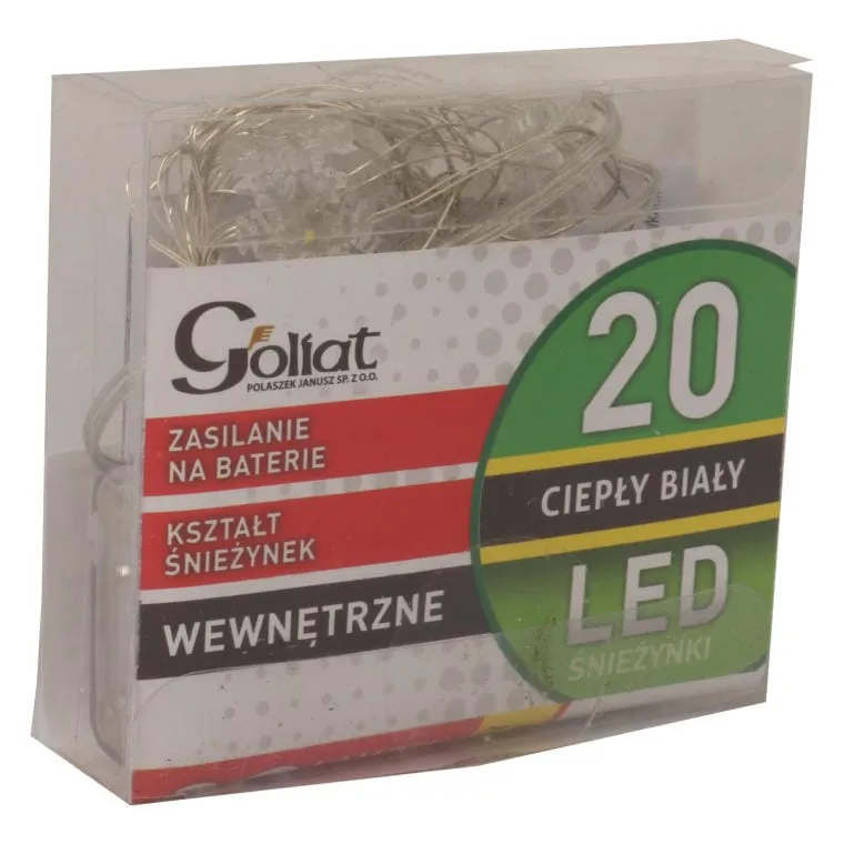Lampki Świąteczne: 20 LED Śnieżynki Na Niewidocznym Druciku, Ciepłe Światło, Zasilane Bateriami AA - Białe
