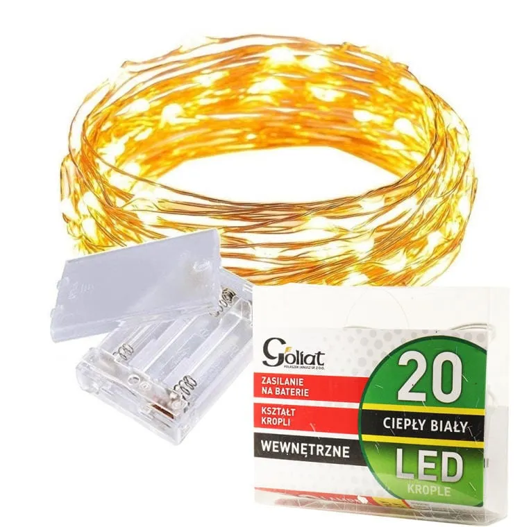 Lampki LED W Kształcie Łezek Na Elastycznym Druciku - Ciepłe Światło Białe, Zasilane Na Baterie