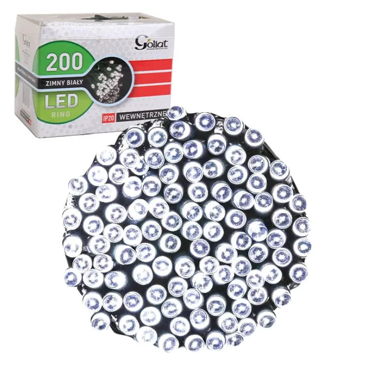 Lampki Choinkowe LED 200 Światełek, Kolor Zimny Biały, Wewnętrzne, W Praktycznym Ringu, IP20