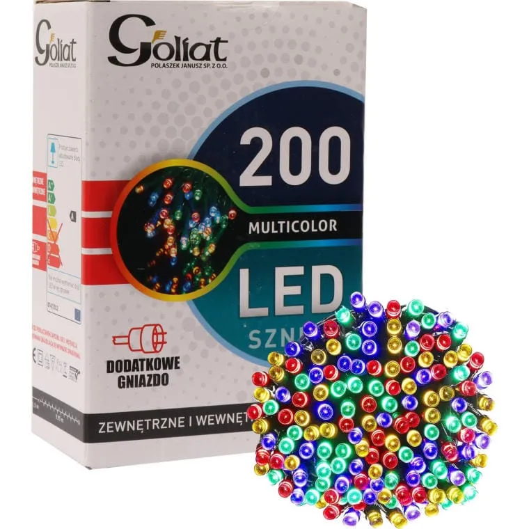 Multikolorowe Lampki Choinkowe 200 LED Z Dodatkowym Gniazdem Zewnętrznym IP44, Zasilanie Sieciowe, 995 cm