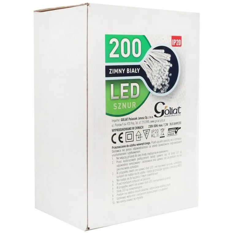 Lampki Choinkowe 200 LED Zimny Biały Wewnętrzne Biały Kabel (Białe Opakowanie)