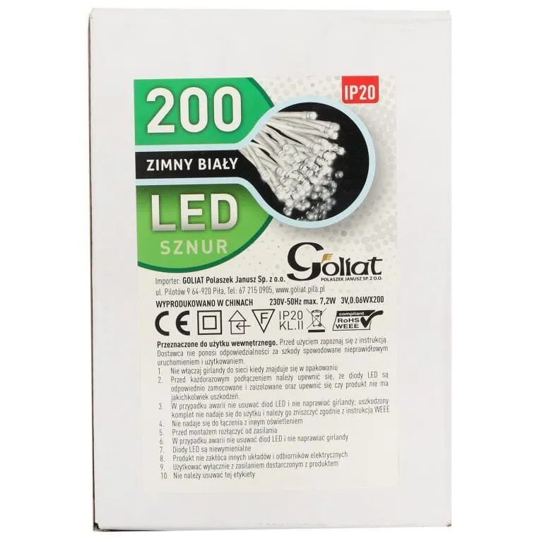 Lampki Choinkowe 200 LED Zimny Biały Wewnętrzne Biały Kabel (Białe Opakowanie)