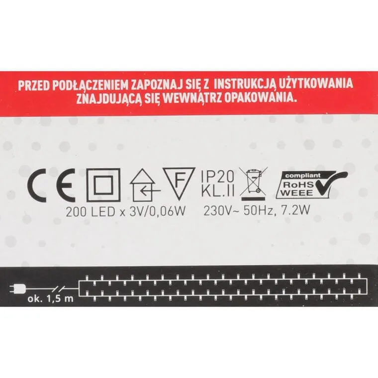 Lampki Choinkowe 200 LED Z Energooszczędnymi Diodami, Kolor Ciepły Biały, Wewnętrzne, W Ringu, Zgodne Z Normami UE