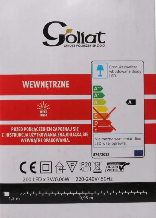 Energooszczędne Lampki Choinkowe LED 200szt. Zimny Z Efektem Flash, Użytek Wewnętrzny, Długość 11,5m, IP44 - Biały