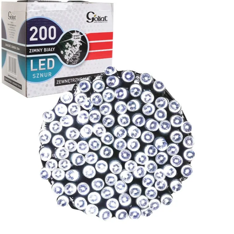 Zewnętrzne I Wewnętrzne Lampeczki Choinkowe 200 LED Z Efektem Flash, Kolor Zimny Biały, Zasilanie Sieciowe, IP44, Długość 10m