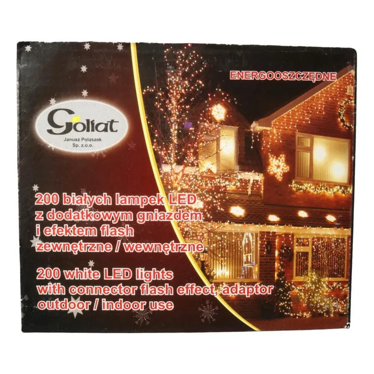 Lampki Choinkowe Zewnętrzne 200 LED Z Efektem Flash I Dodatkowym Gniazdem, Białe, Zasilanie Sieciowe, Przepalenie Jednej Diod Nie Wygasza Zestawu