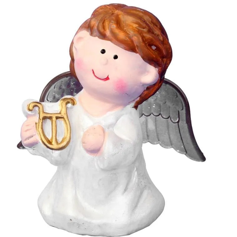 Ceramiczny Anioł Z Lirą Jako Dekoracja Lub Element Pomnika, 9 cm