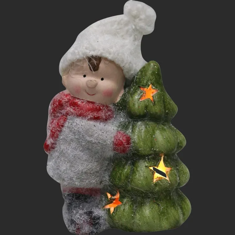 Ceramiczna Figurka Świecącej Choinki Z Uśmiechniętym Chłopcem Na Baterie, 13,5 cm, Kolor - Różowy