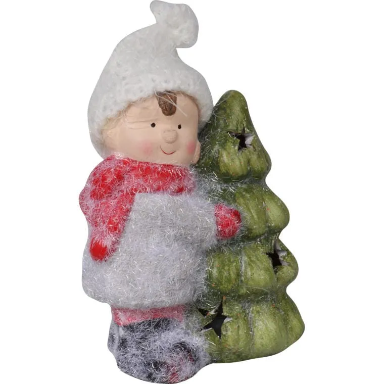 Ceramiczna Figurka Świecącej Choinki Z Uśmiechniętym Chłopcem Na Baterie, 13,5 cm, Kolor - Różowy