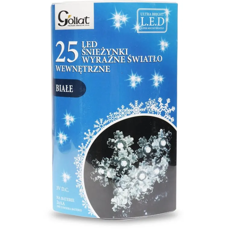 Białe Lampki Choinkowe LED W Kształcie Śnieżynki - 25szt, Zasilanie Bateryjne, Do Użytku Wewnętrznego