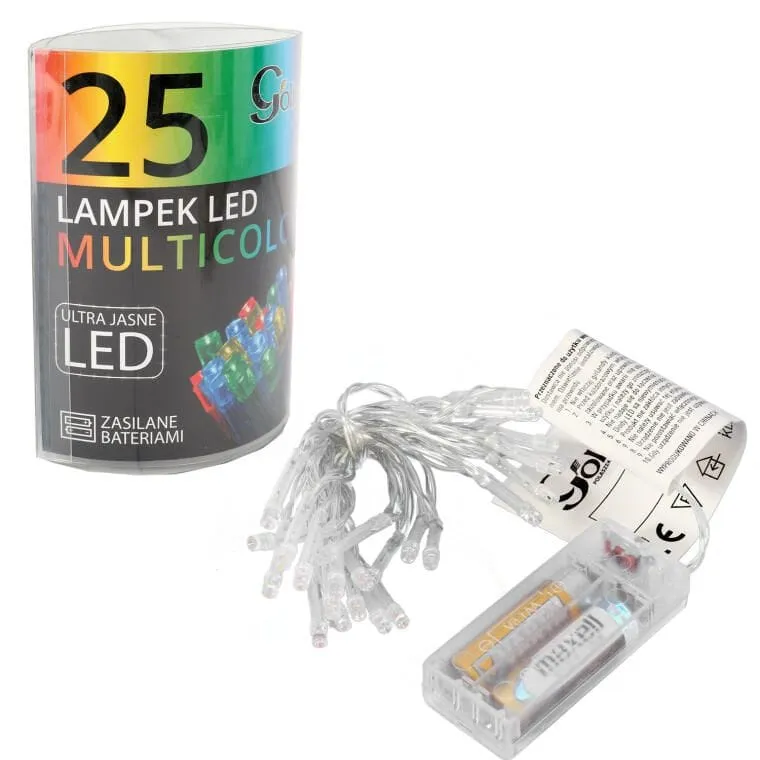 Lampki Choinkowe LED Multikolor Na Baterie - 25 Sztuk, Do Użytku Wewnętrznego