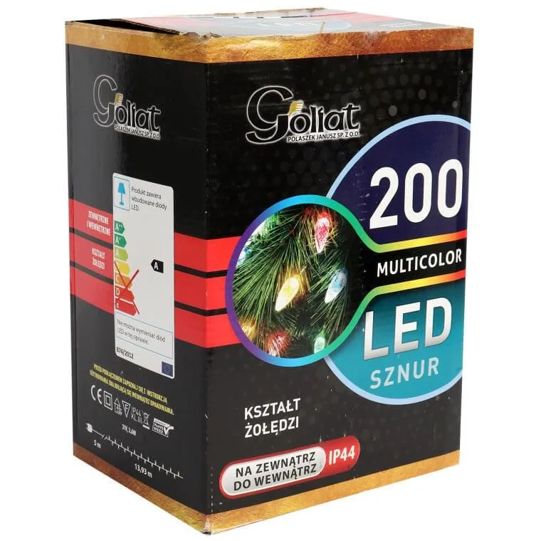 Multikolorowe Lampki Choinkowe W Kształcie Żołędzi 200LED, 19m, Do Użytku Zewnętrznego