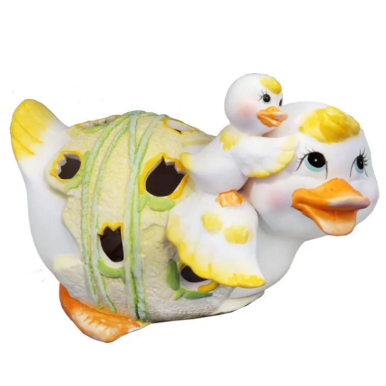 Lampion Wielkanocny - Ceramiczna Figurka Kaczki Z Kaczątkiem Na Tealight, Zielony, 17 cm