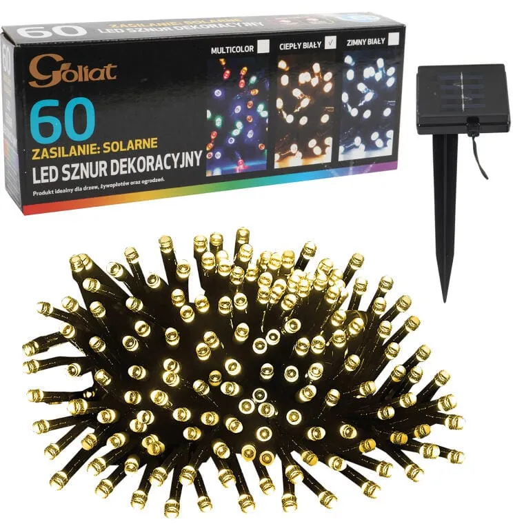 Lampki Choinkowe Na Energii Słonecznej 60 LED, Kolor Ciepły - Biały