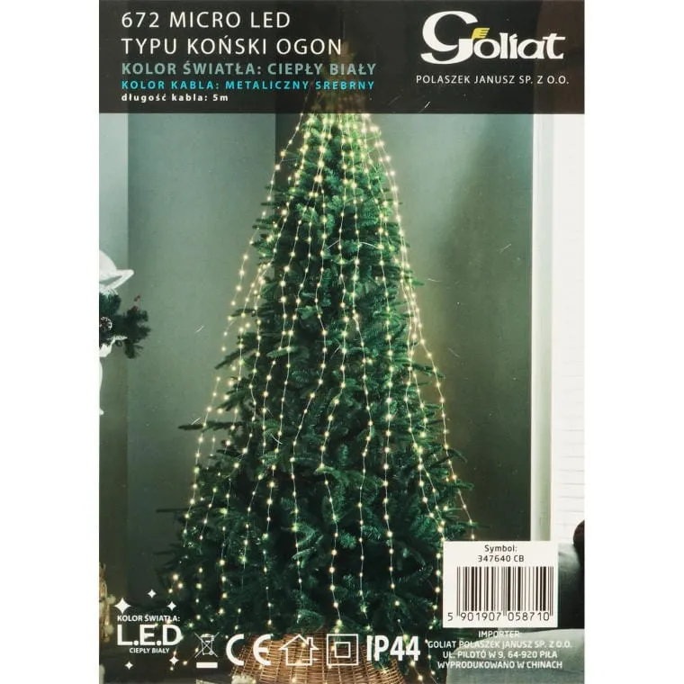 Świąteczne Lampki Zewnętrzne Koński Ogon - 672 Micro LED, Kolor Ciepły Biały, Długość 5m, Zasilanie Sieciowe