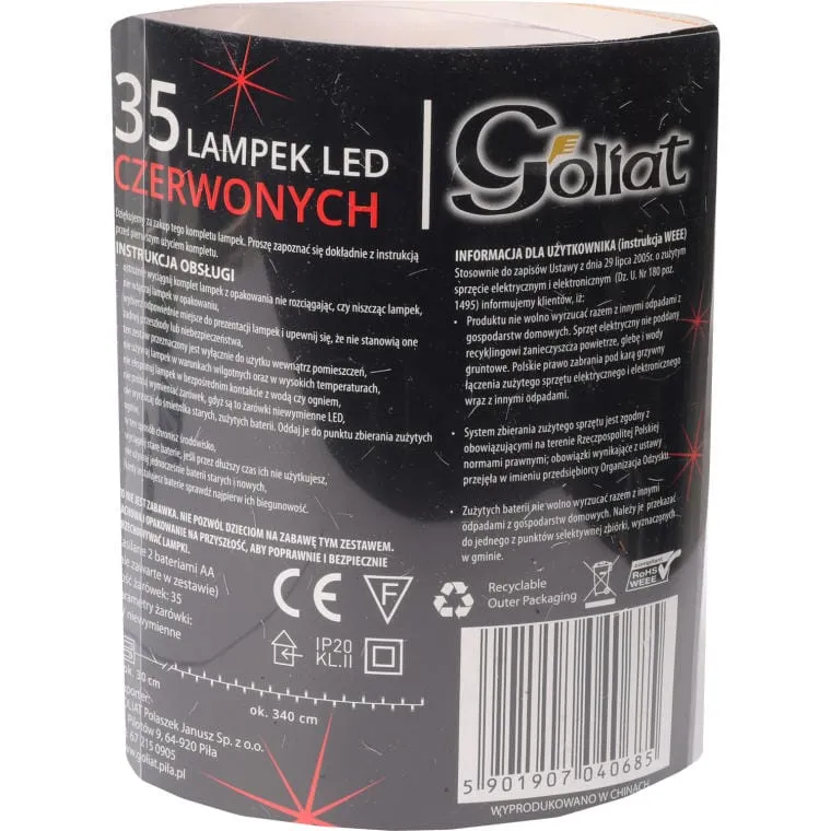 Lampki Choinkowe 35 LED Z Zasilaniem Na Baterie 2XAA (Baterie Niezałączone) Do Użytku Wewnętrznego - Czerwone