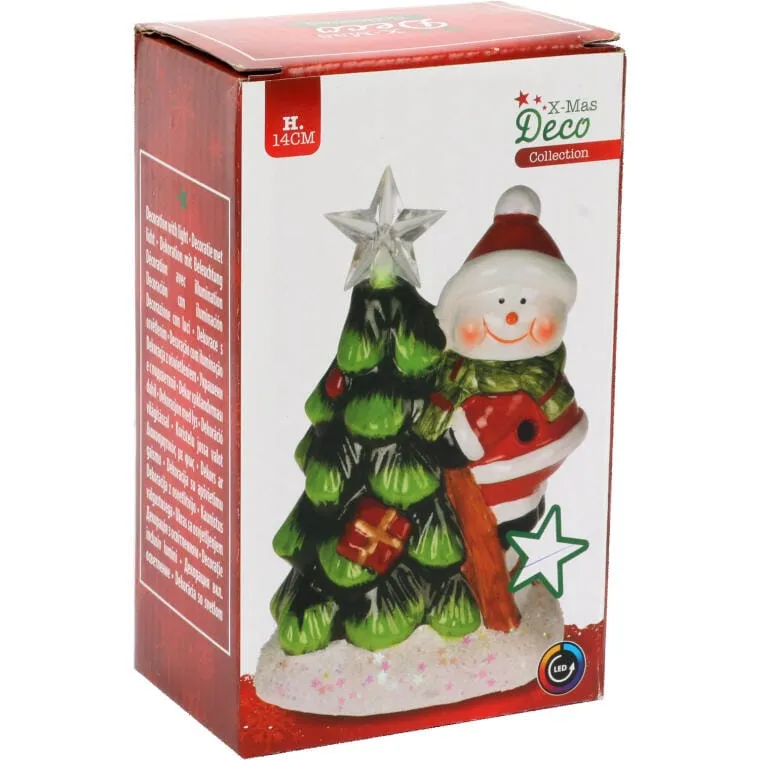 Świąteczny Lampion LED W Kształcie Bałwana Z Choinką - Ceramiczna Ozdoba