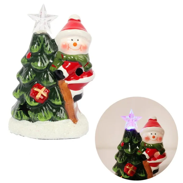 Świąteczny Lampion LED W Kształcie Bałwana Z Choinką - Ceramiczna Ozdoba