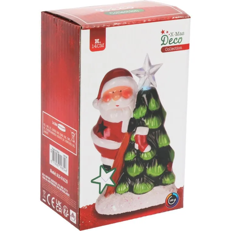Ozdoba Świąteczna Ceramiczny Mikołaj Z Choinką LED