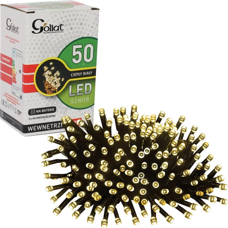 Lampki Choinkowe 50 LED Kolor Światła Ciepły Na Baterie - Biały