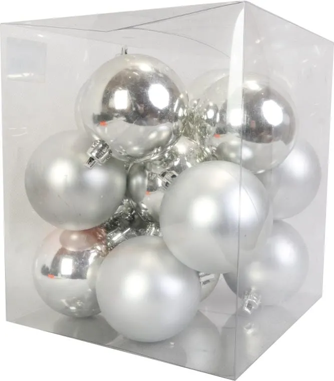 Komplet 16 Matowych I Błyszczących Bombek Plastikowych Srebrnych 6 cm W Boksie PVC