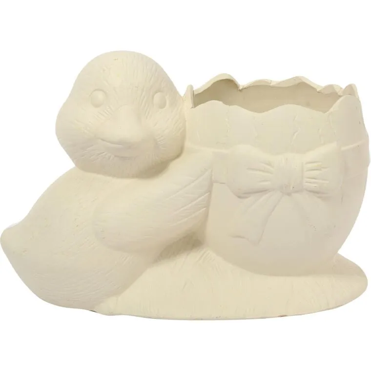 Wielkanocna Dekoracja - Biała Ceramiczna Doniczka W Kształcie Jajka Z Kaczuszką