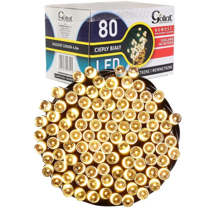 Lampki Choinkowe 80 LED Na Baterie Z TIMEREM Ciepły - Biały
