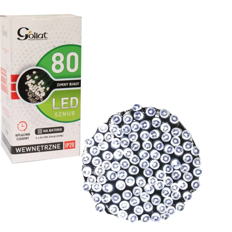 Lampki Choinkowe 80 LED Na Baterie Z TIMEREM Zimny - Biały
