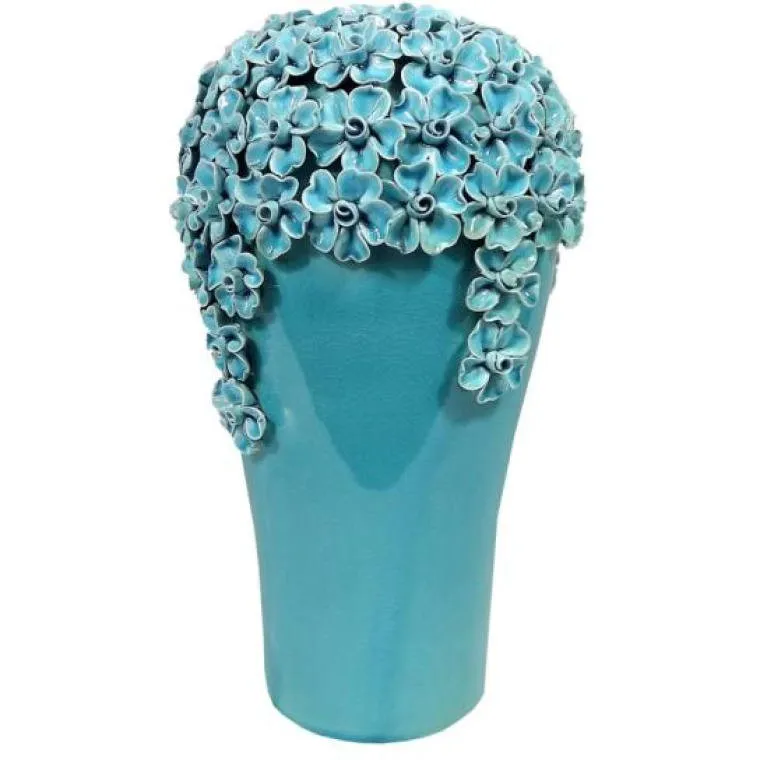 Wazon Z Ceramicznymi Kwiatami I Celowymi Spękaniem 33cm - Niebieski
