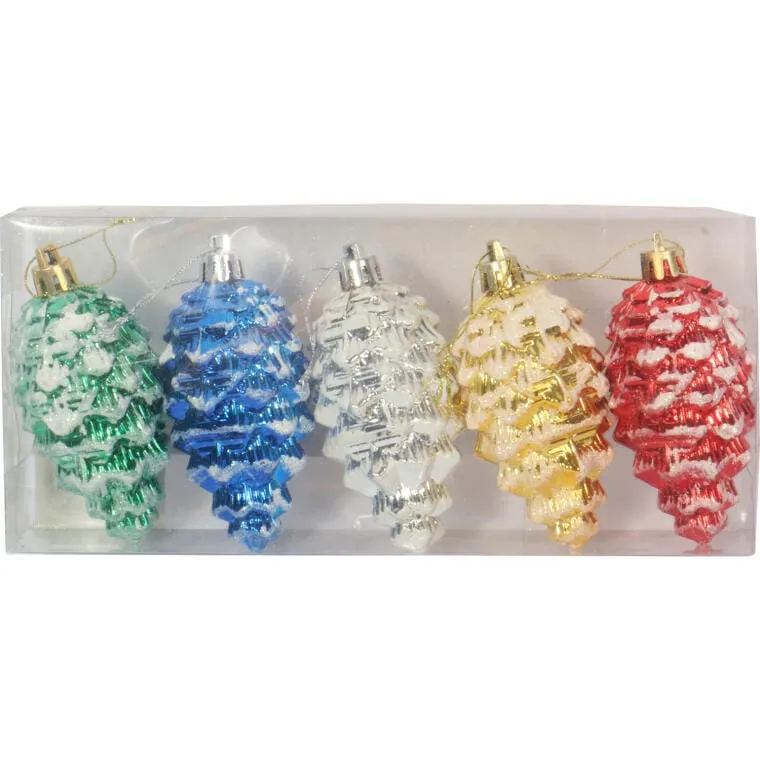 Zestaw 5 Multikolorowych Plastikowych Bombek-Szyszek Z Brokatem, 9 cm