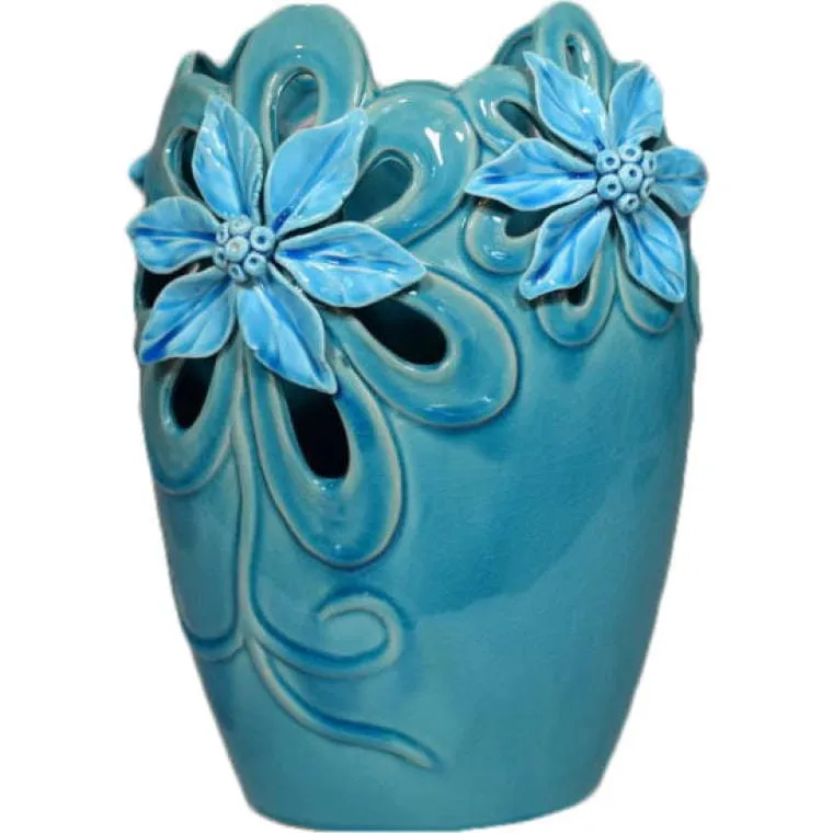 Wazon Z Motywem Kwiatowym O Antycznym Wykończeniu 32 cm - Turkusowy