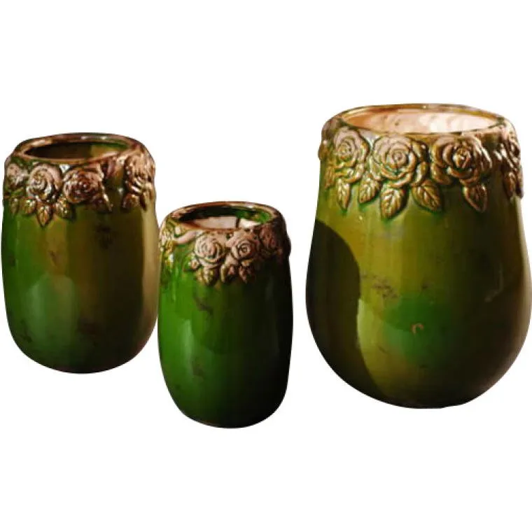 Zielony, Ceramiczny Wazon Z Motywem Kwiatowym O Efekcie Postarzania 15,5x24,5 cm - Mały Rozmiar