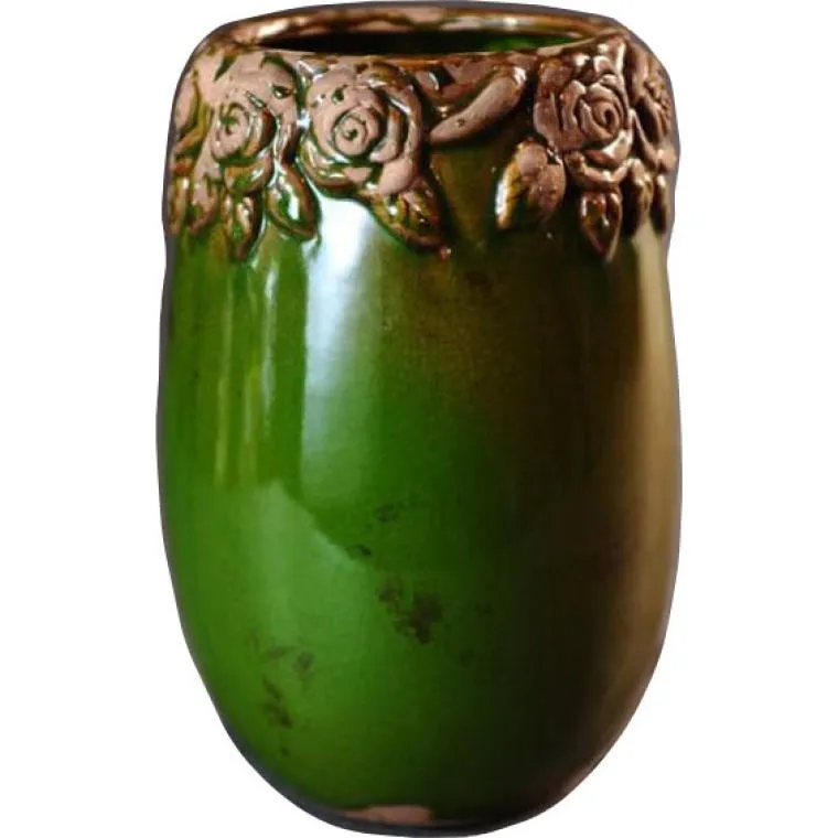Zielony, Ceramiczny Wazon Z Motywem Kwiatowym O Efekcie Postarzania 15,5x24,5 cm - Mały Rozmiar
