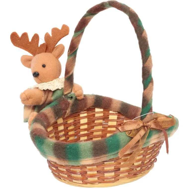 Owalny Koszyczek Świąteczny Z Pluszowym Reniferem 20x17x16cm, Kolor - Brązowo-Zielony