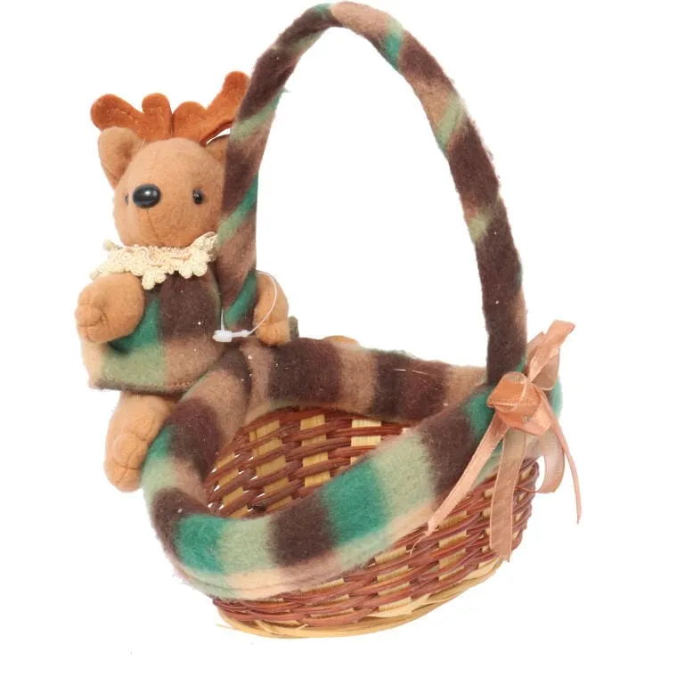 Owalny Koszyczek Świąteczny Z Pluszowym Reniferem 24 cm - Kolor Brązowo-Zielony