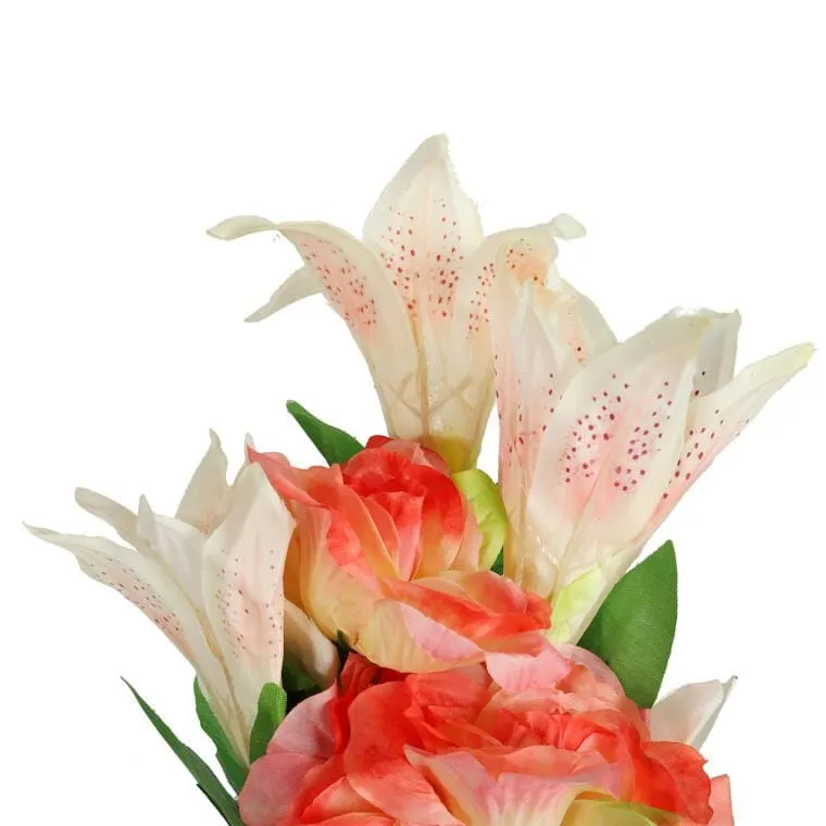 Elegancki Sztuczny Bukiet 9 Kwiatów Mix Róż I Lili W Kolorze Łososiowym O Wysokości 60 cm