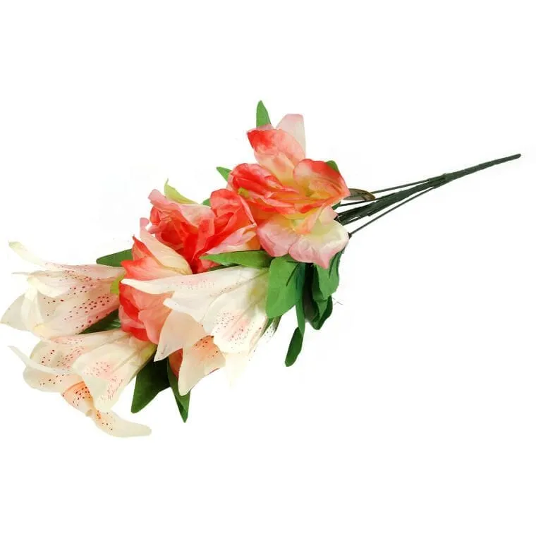 Elegancki Sztuczny Bukiet 9 Kwiatów Mix Róż I Lili W Kolorze Łososiowym O Wysokości 60 cm