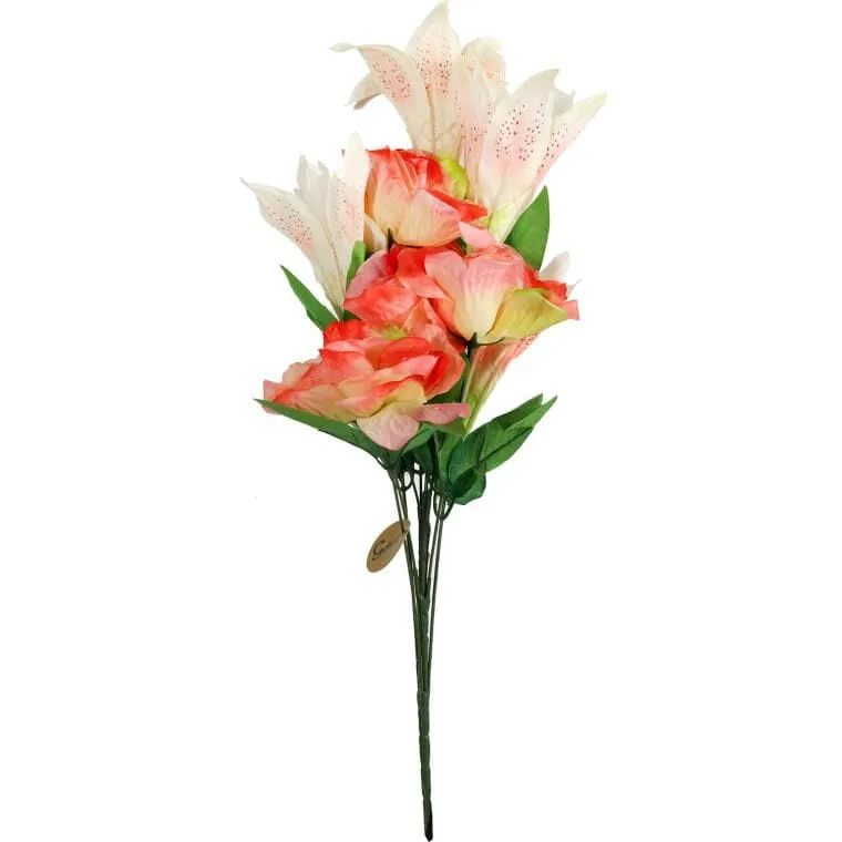 Elegancki Sztuczny Bukiet 9 Kwiatów Mix Róż I Lili W Kolorze Łososiowym O Wysokości 60 cm